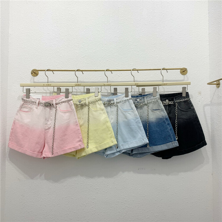 [u.she] gradient Korean high waist denim shorts (with waist chain) 86889# cqw