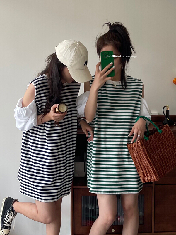 New in early summer! [B plus] stripe design Korean dress (with detachable sleeves) 22-9190-2# HBx