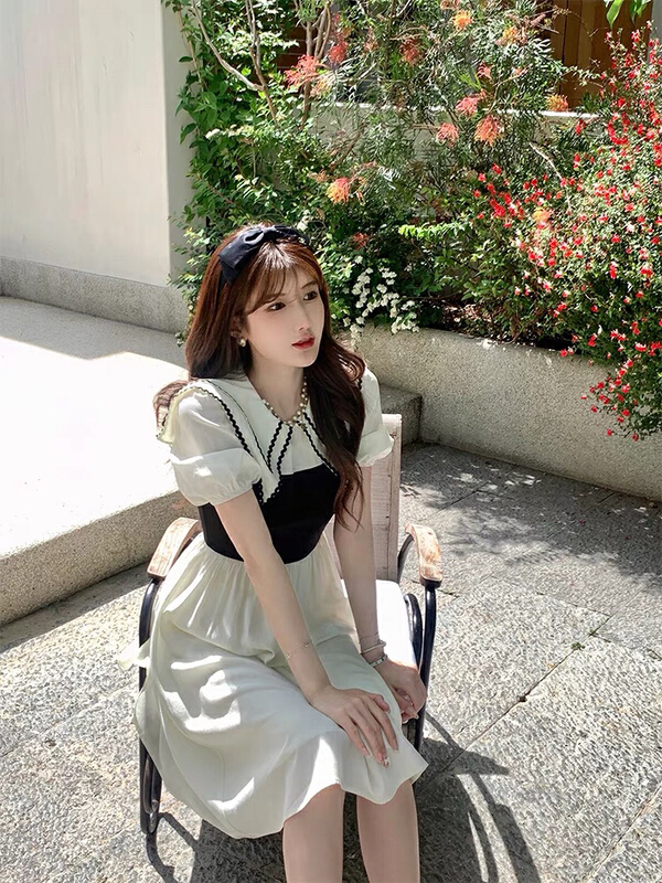 [LML] gentle wind double-layer contrast color doll neck bubble sleeve dress 9583# ozq