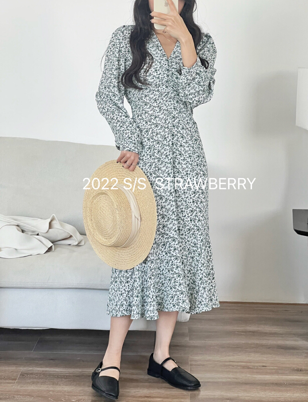 New year in early spring! [strawberry] Korean Floral Chiffon Dress s801-1# L