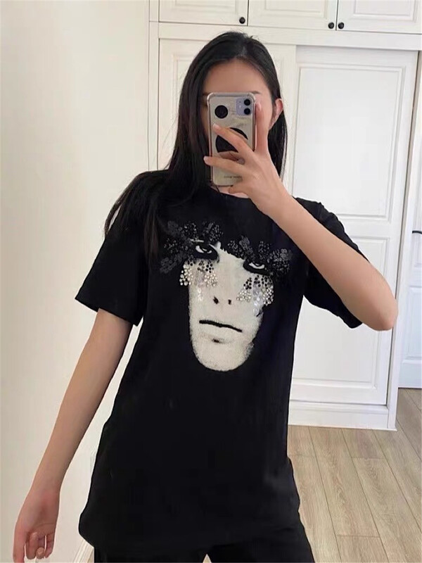 [Tan] heavy industry portrait Sequin design round neck short sleeve T-shirt t3422# zxx