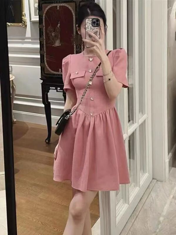 New in early summer! [lanxm] French pink bubble slimming celebrity temperament thin dress 18041# JJ