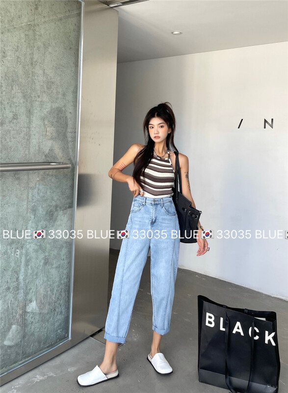 "BLUE" Korean casual elastic waist jeans 33035# HJY