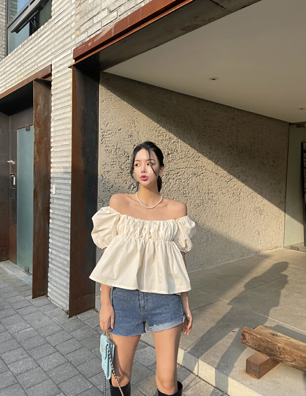 [X.C] Korean pleated bubble sleeve short shirt 535# WPL