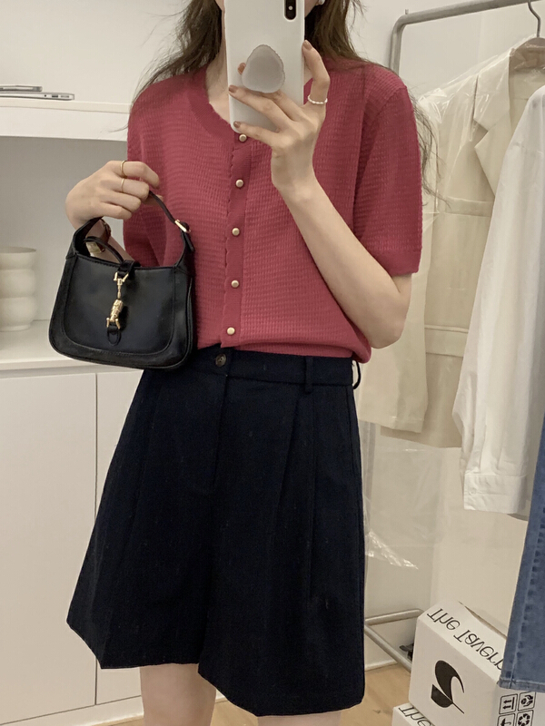 [T.G] Korean simple solid color short sleeved knitted cardigan 17338# cqw
