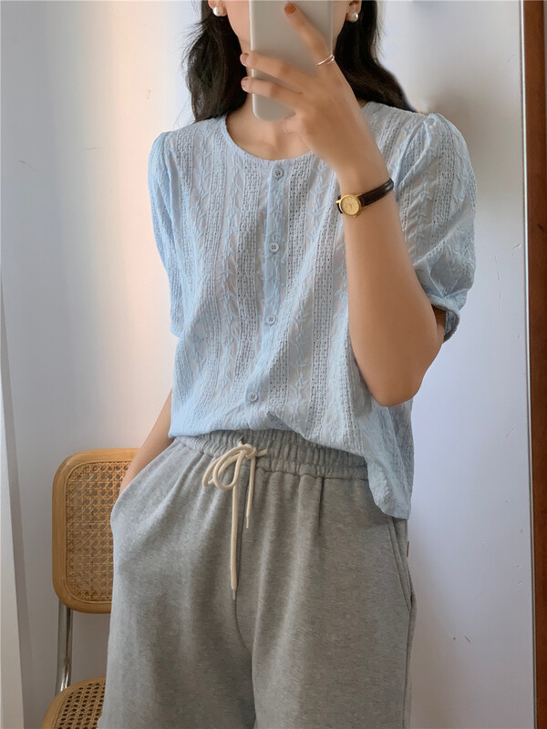 [feeding] solid color bubble sleeve button up blouse 8868-l7# cqw