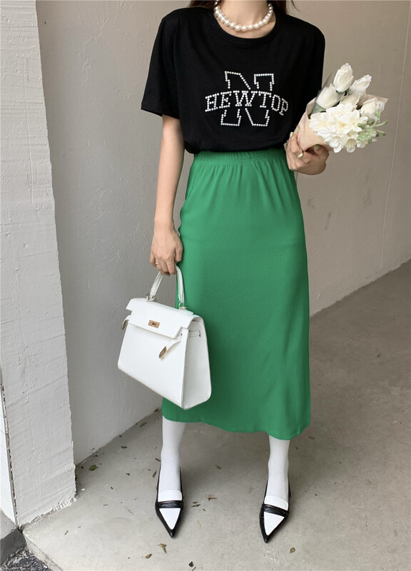 [aenna] Korean version solid color elastic waist slit skirt 8679# cqw