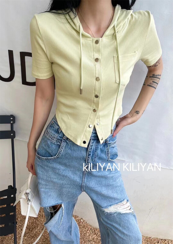 [Kili] Korean hooded single breasted short sleeved T-shirt ys1-2283# XYJ