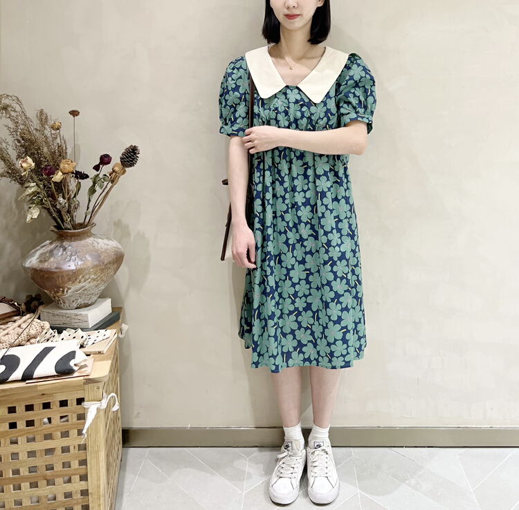 [I look] fashion color contrast collar floral dress 12068# zjy