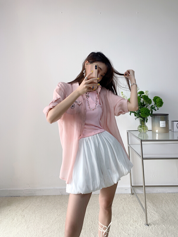 Live broadcast! [Vanessa] Korean alphabet embroidered sunscreen shirt + + simple slim suspender vest set 6235# ozq