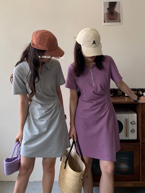 New in early summer! [B plus] Korean half zipper pleated slim dress 22-366-2# HBx