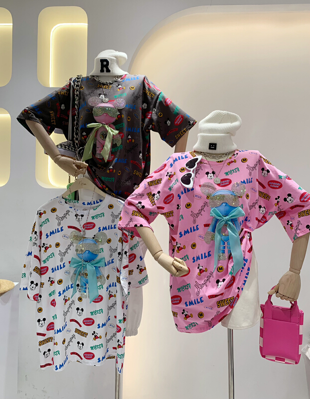 [wlady] Korean heavy industry hot drill cartoon bow decorative short sleeve T-shirt 367# WTT