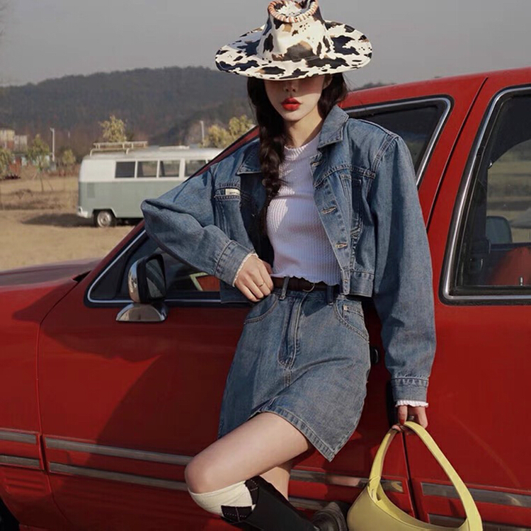 New year in early spring! Retro style jacket ➕ High waist denim skirt suit 228# ozq