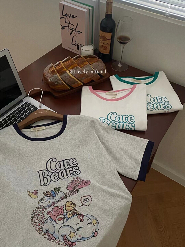 New in early summer! [love] Korean round neck contrast cartoon short sleeve T-shirt z0887# HBx