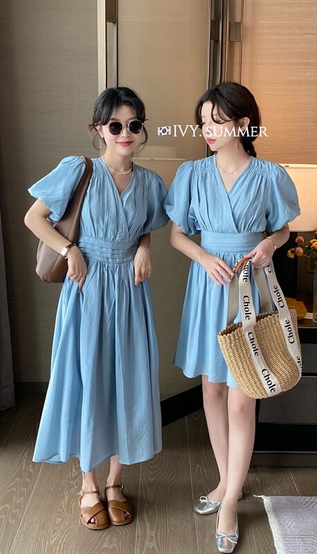 [Ivy] Korean V-neck waist Pleated Dress 88218# XJ