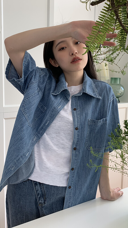 New year in early spring! [9hour] Korean versatile Denim Short Sleeve Shirt 90303# zxl