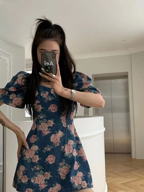 [MI] French retro wash bubble sleeve flower dress 9472# PCZ