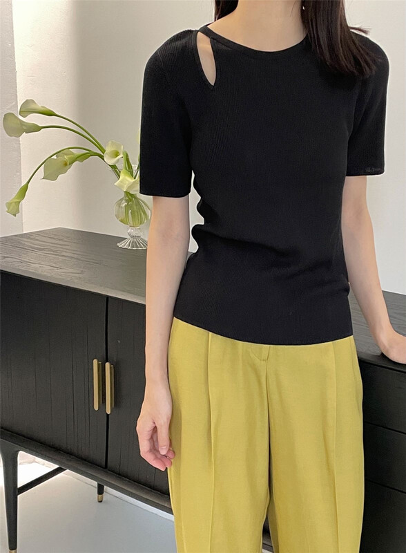 goods in stock! [clean space] Korean hollow out versatile short sleeve T-shirt 31738# CLS