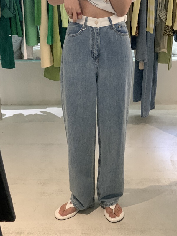 [emoni] Korean contrast color waist straight tube loose jeans 24171# CLS