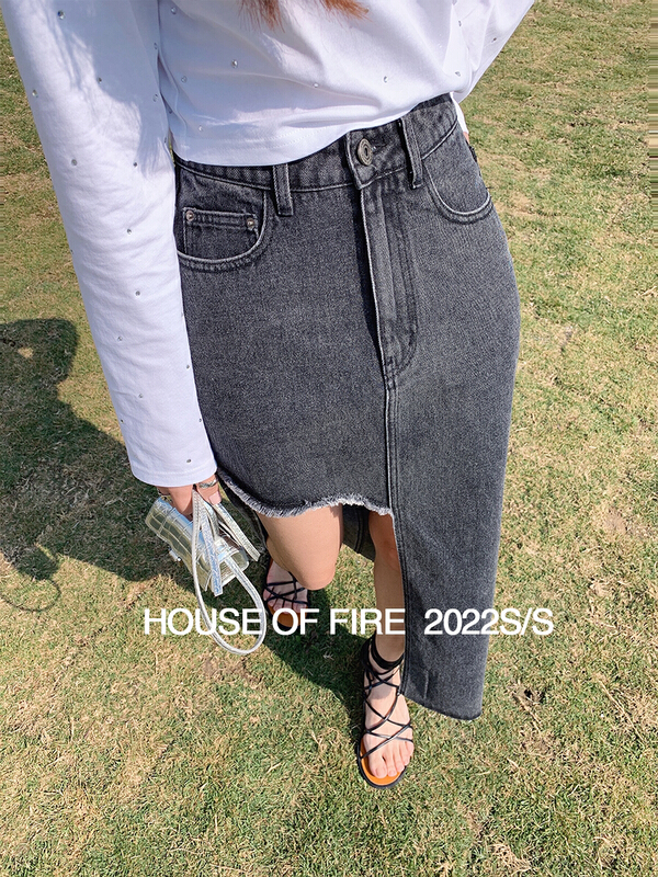 [huohuohuo huodres] design embroidery grid irregular cutting denim skirt 92004# ozq