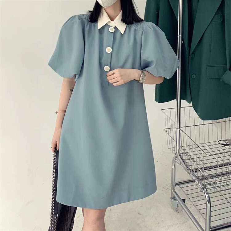 [bobi] Korean contrast Polo Lapel Lantern Sleeve Dress 8888# hjy
