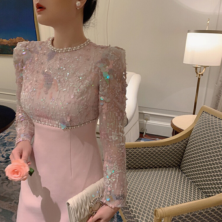 [pepper] heavy industry nail bead sequin Mermaid pink dress 1271# Cl