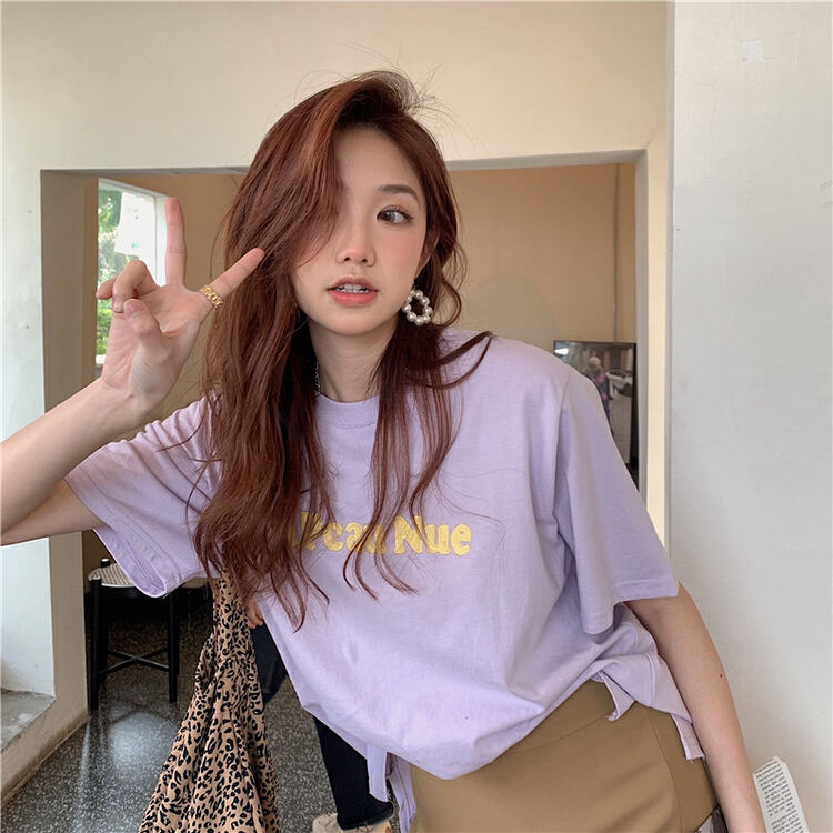 [timely rain] Korean style ins DESIGN EMBROIDERED letters versatile loose thin short sleeve T-shirt 42100# WPL