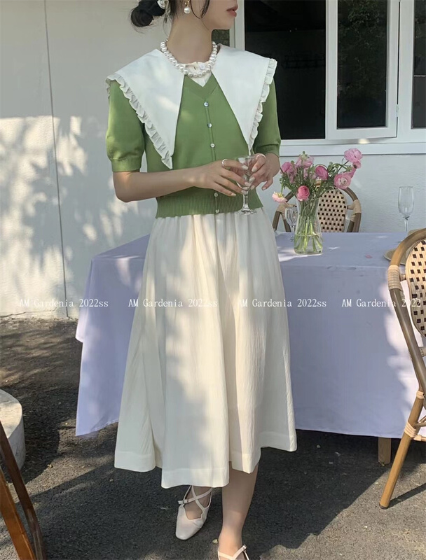 初夏上新!【AM】韓系顯瘦娃娃領連衣裙+簡約百搭舒適針織開套裝  3512#  JJ