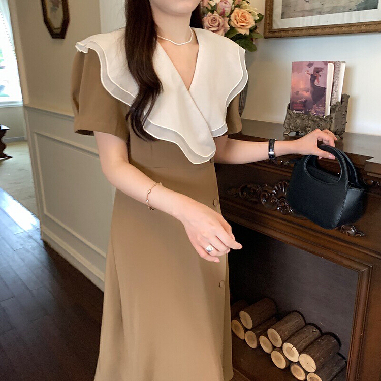 [timely rain] French gentle double Ruffle contrast dress r0995# WPL