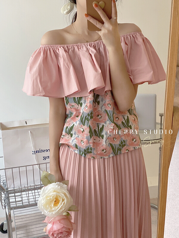 goods in stock! New in early summer! [cherry studio] Korean off shoulder floral blouse 5098# HBx