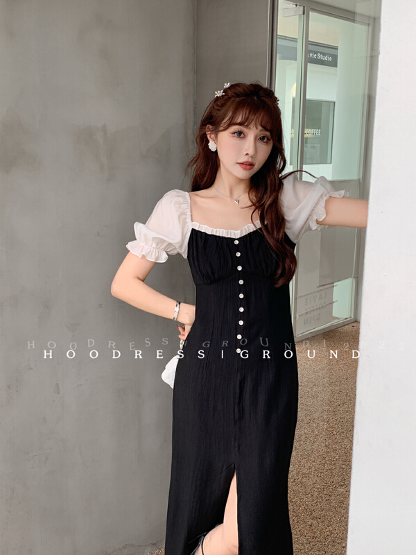 [huohuohuo huodres] elegant contrast color stitched shell button slit dress 22177# ozq