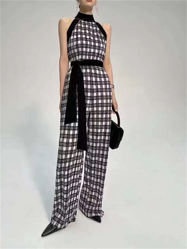 [half plain] Korean Plaid slim Jumpsuit 081# zjy