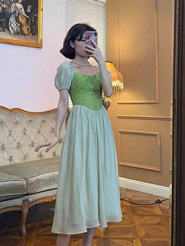 [L.L studio] French retro bubble sleeve waist closing dress 7304# PCZ