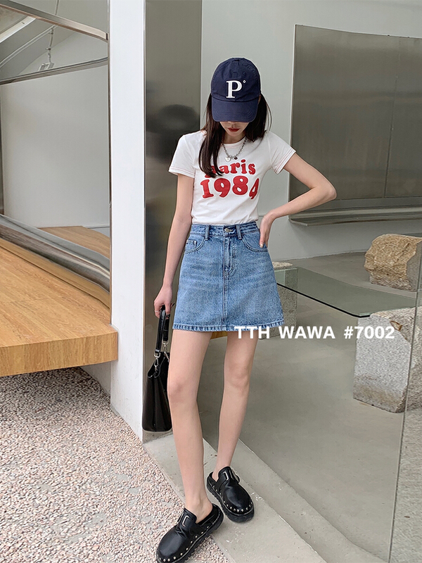 [Wawa] Korean slim and versatile denim skirt 7002# XYJ