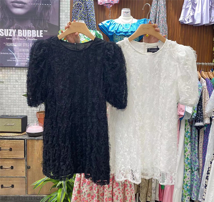[suzybubble] round neck lace bubble sleeve dress 8955# WPL