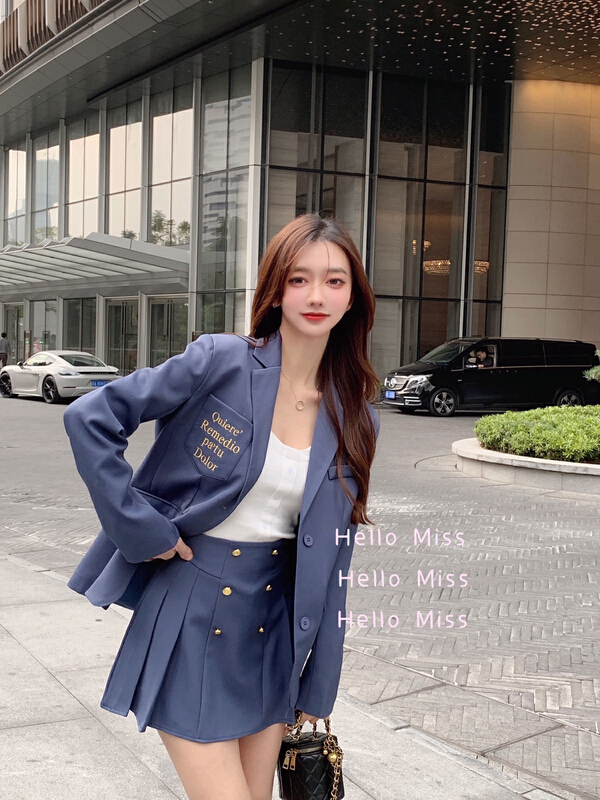 goods in stock! New year in early spring! [Hello Miss] fried Street letter embroidery suit jacket + gold button small a swing skirt suit ys1-2119# PCZ