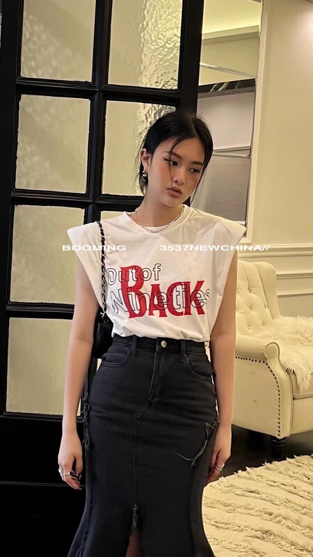 New in early summer! [booming] lettered shoulder pad printed short sleeve T-shirt 2312# zxl