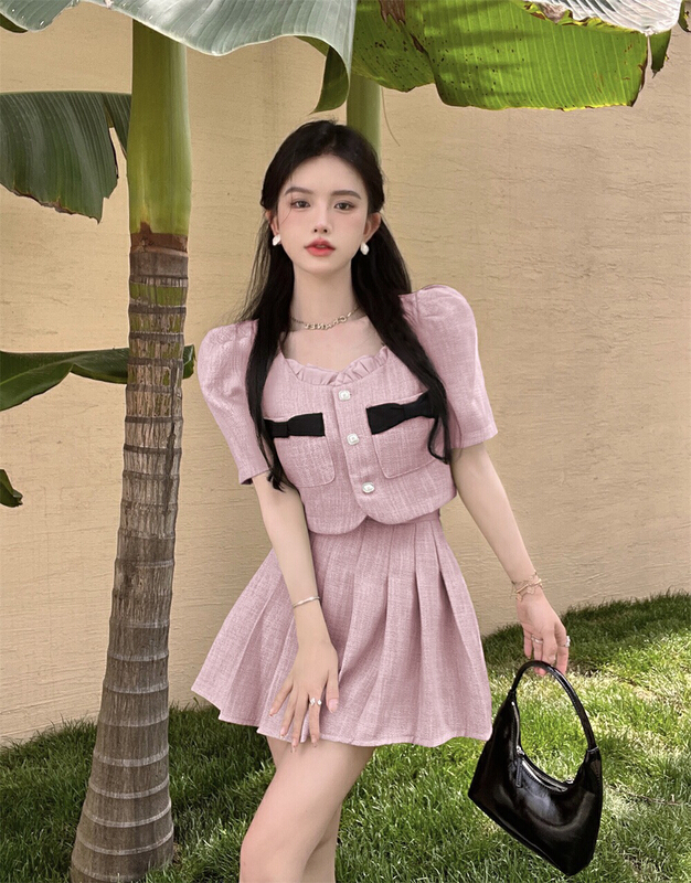 [Doudou family] square neck bow knot fungus edge short sleeve short coat + high waist thin pleated skirt suit 88260# CLS