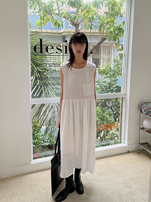[MIG] Japanese solid color loose one pocket vest dress 73317# cqw