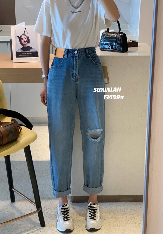 Summer new! [suxinlan] Korean fashion hole breaking versatile jeans 13559# LSL