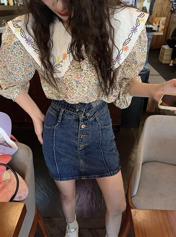[savage] Korean Retro High Waist cuffed denim skirt e8159# WPL
