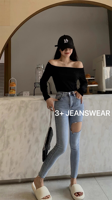 [3 +] Korean version of versatile small leg jeans with holes 9072\ozq