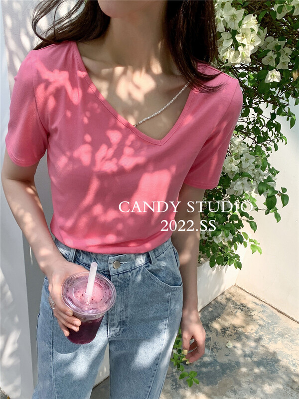 [candy] Korean version irregular V-neck loose Pullover short sleeve T-shirt (detachable with pearl chain) (only sell short sleeves) 3317# zjy