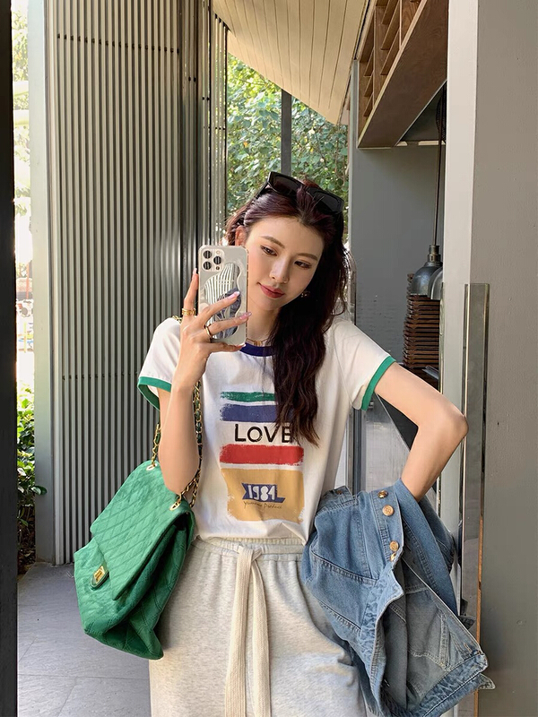 [Nancy] design sense, niche and unique, color blocking, foreign style, contrast color short sleeve T-shirt t9# WPL