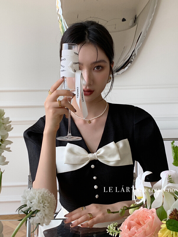 [le lart] high fashion French Hepburn bow bubble sleeve blouse ll2725# XYJ