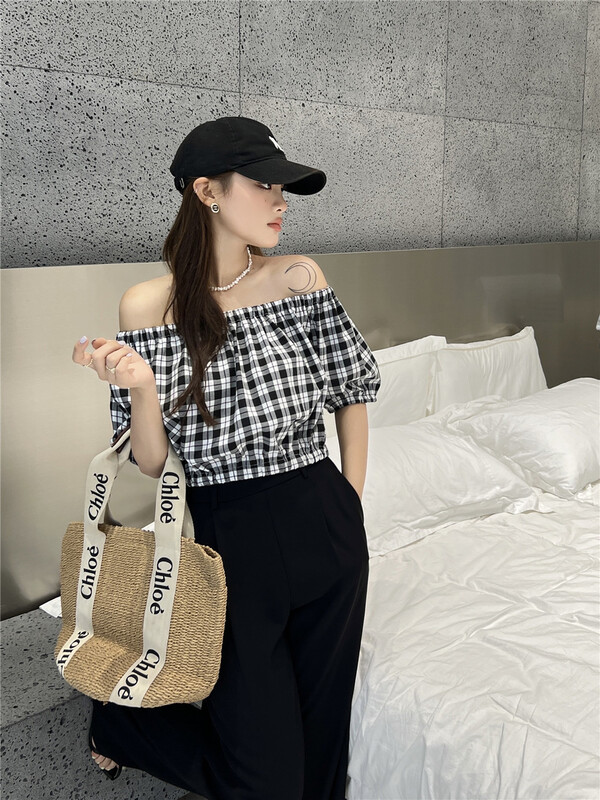 [aenna] Korean Plaid one neck short shirt 9313# cqw