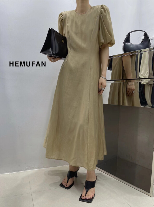 [hemufan hemufan] round neck textured lady dress 3693# L