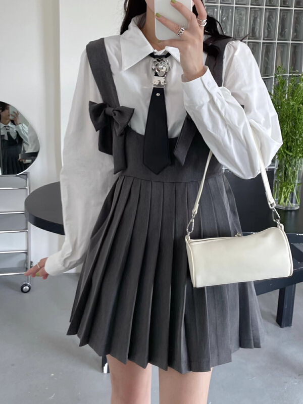 New year in early spring! [JH] niche simple solid color shirt + Xiaoxiang BOW STRAP skirt suit (with tie) 40991# PCZ