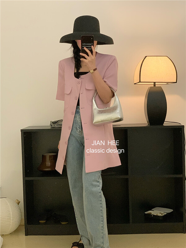 [Jian hee] round neck small fragrance pocket dress 2303# ozq