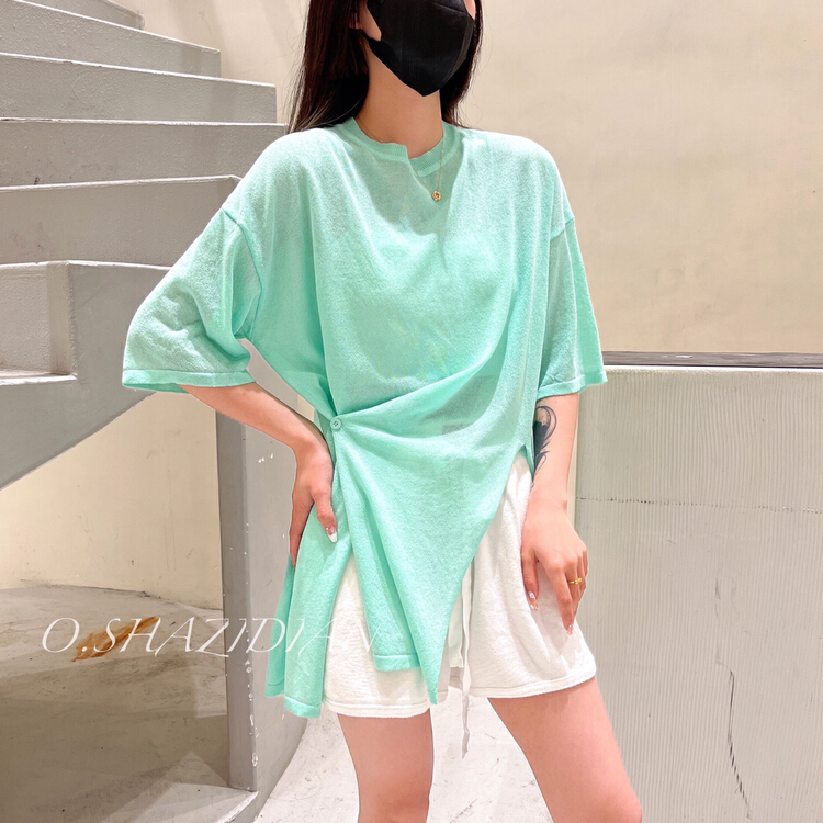 [o.shazidian] irregular split ice silk knitted short sleeve T-shirt 6023# CSX
